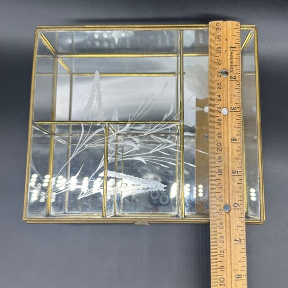 Vintage Glass Mirrored Jewelry Box Brass Etched Floral Mexico Storage Vanity - Picture 11 of 13